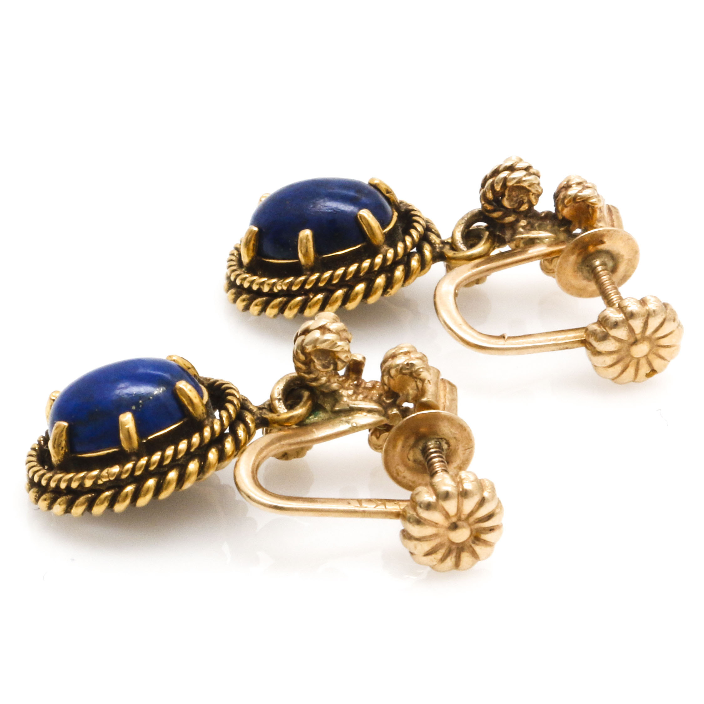 14K Yellow Gold Lapis Dangle Clip-On Earrings