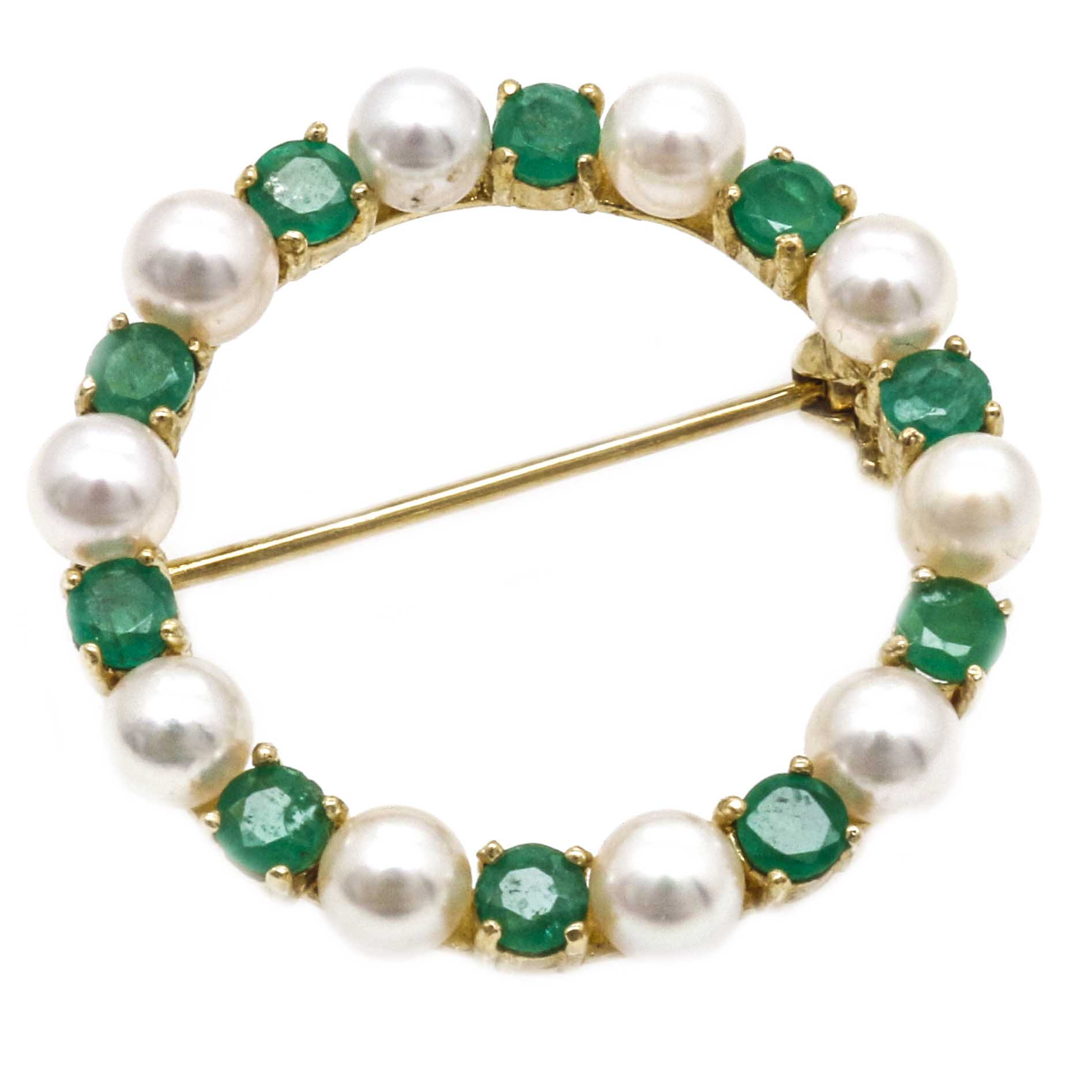 14K Yellow Gold, Emerald, and Cultured Pearl Brooch
