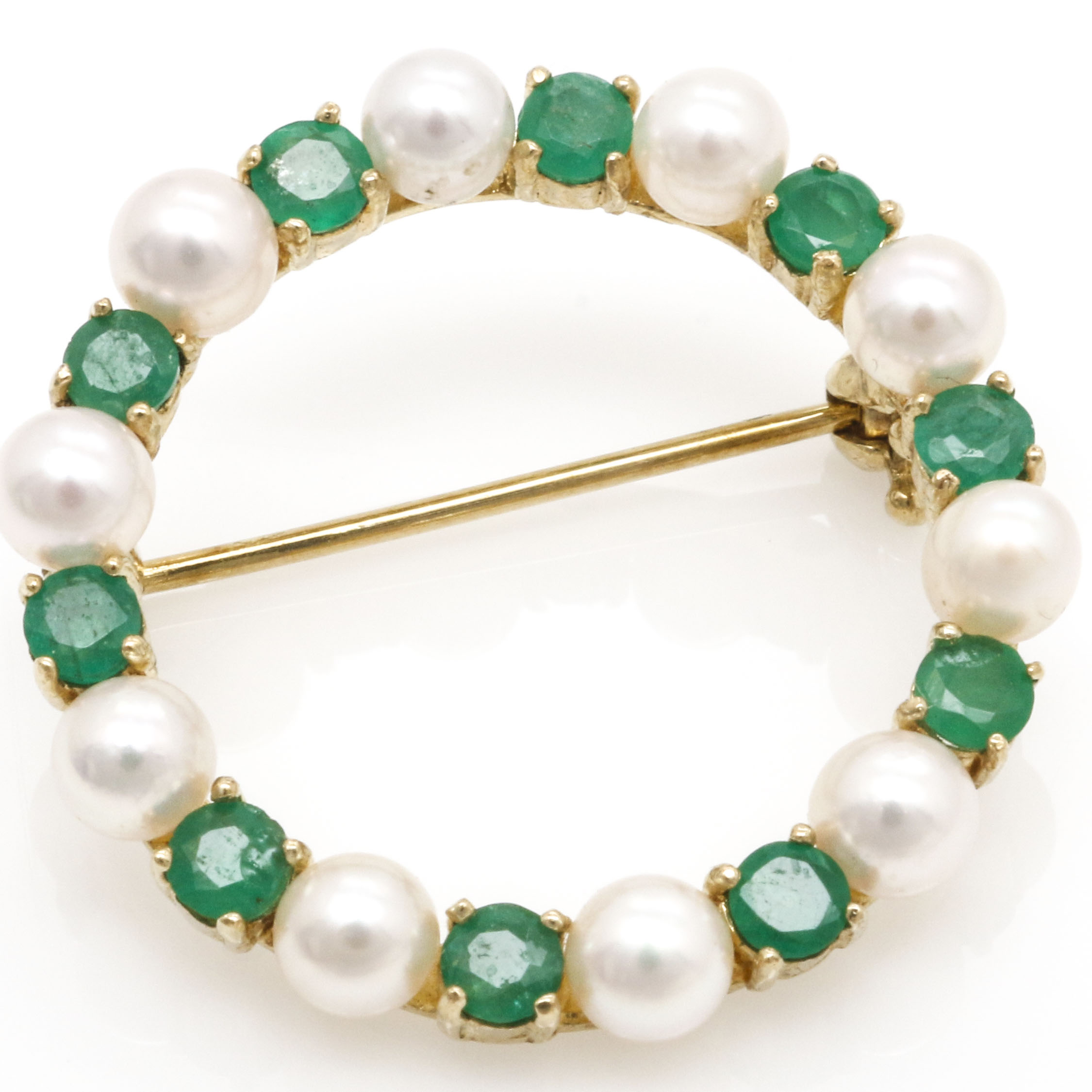 14K Yellow Gold, Emerald, and Cultured Pearl Brooch