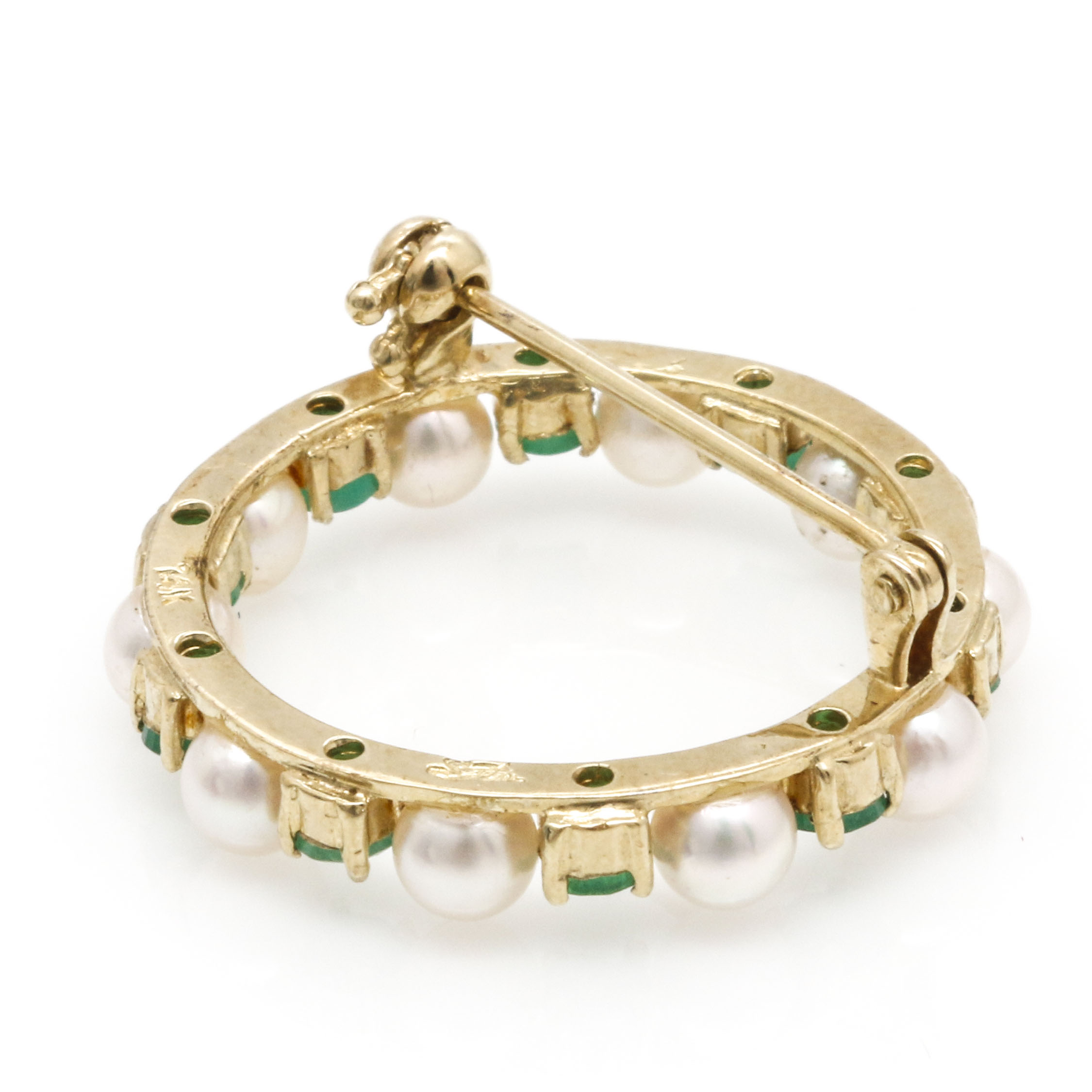 14K Yellow Gold, Emerald, and Cultured Pearl Brooch