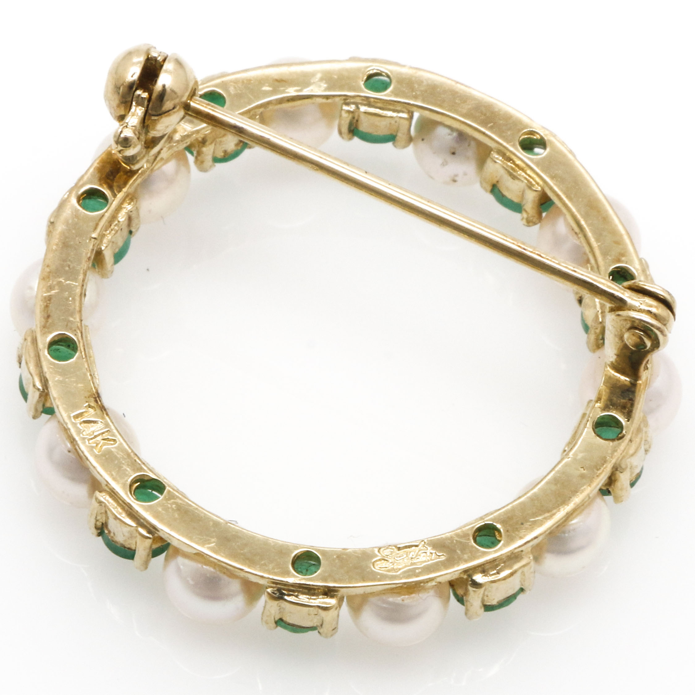 14K Yellow Gold, Emerald, and Cultured Pearl Brooch
