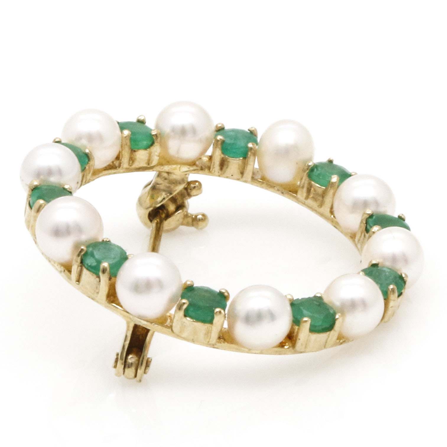 14K Yellow Gold, Emerald, and Cultured Pearl Brooch