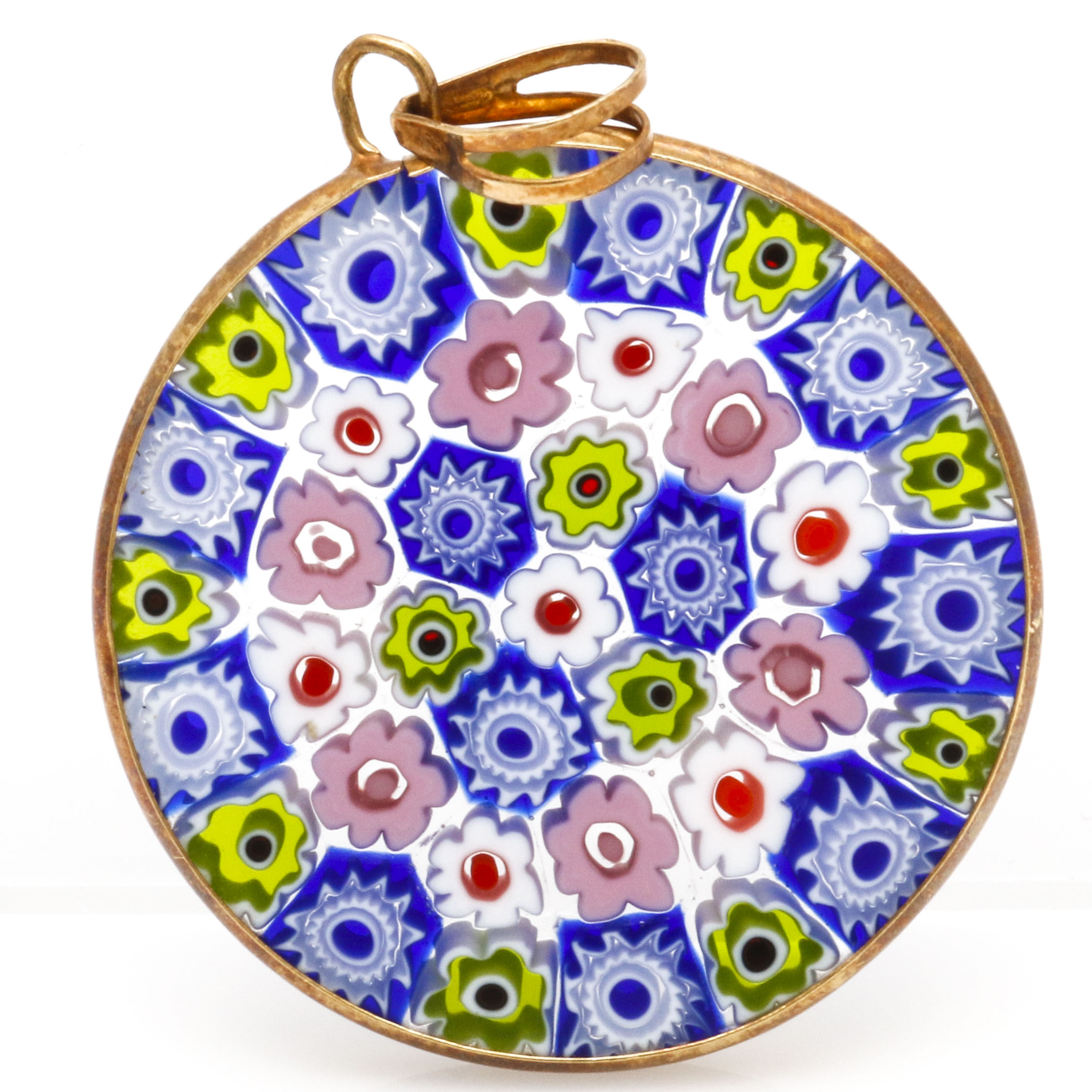 18K Yellow Gold Millefiori Pendant and Gemstone Clover Pin