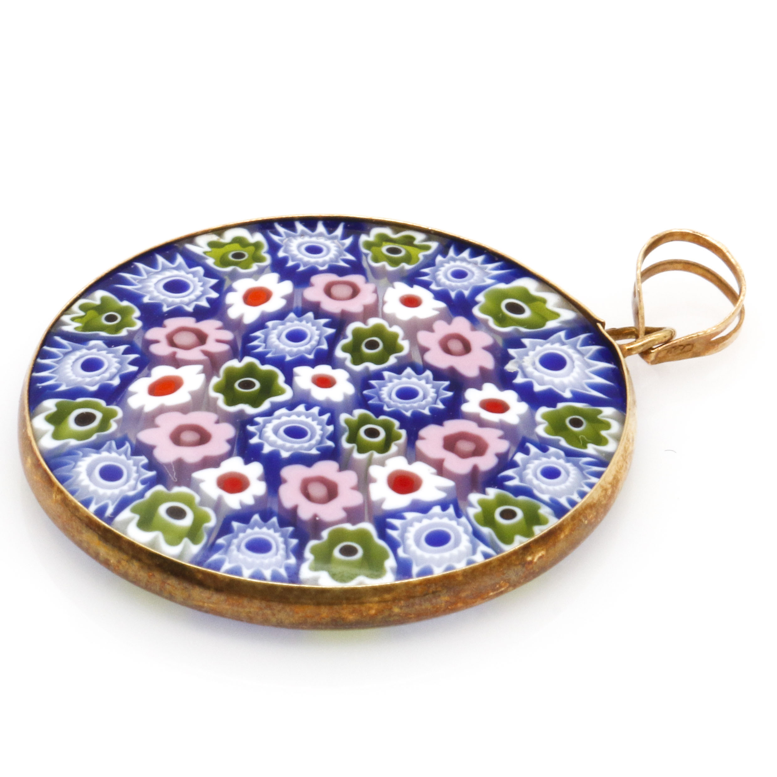 18K Yellow Gold Millefiori Pendant and Gemstone Clover Pin