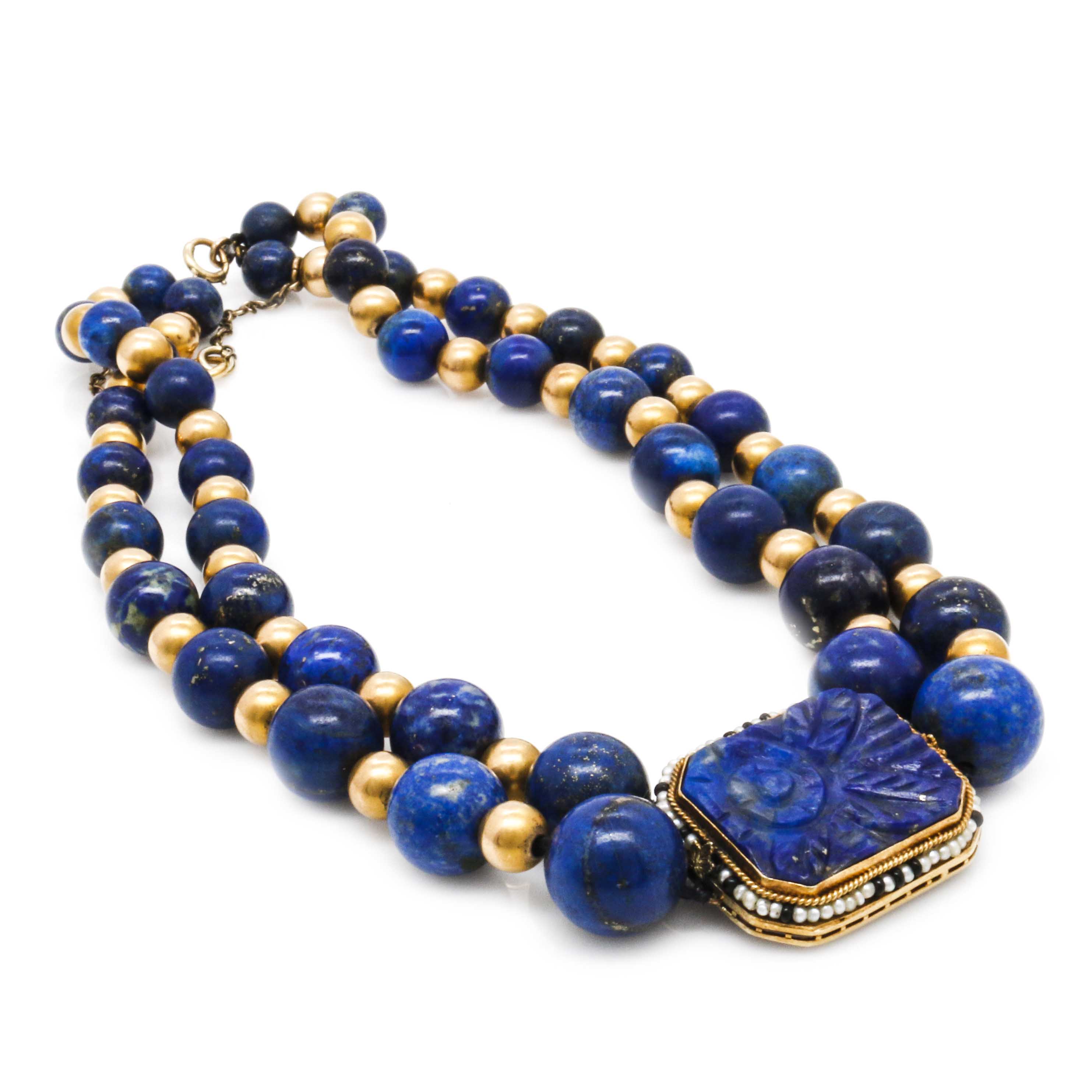 Lapis, Seed Pearl, and 14K Yellow Gold Beaded Necklace