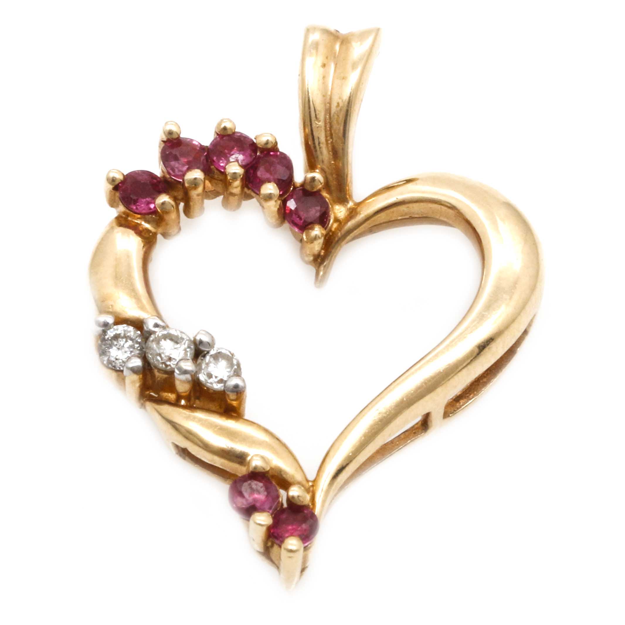 14K Yellow Gold Ruby and Diamond Heart Pendant