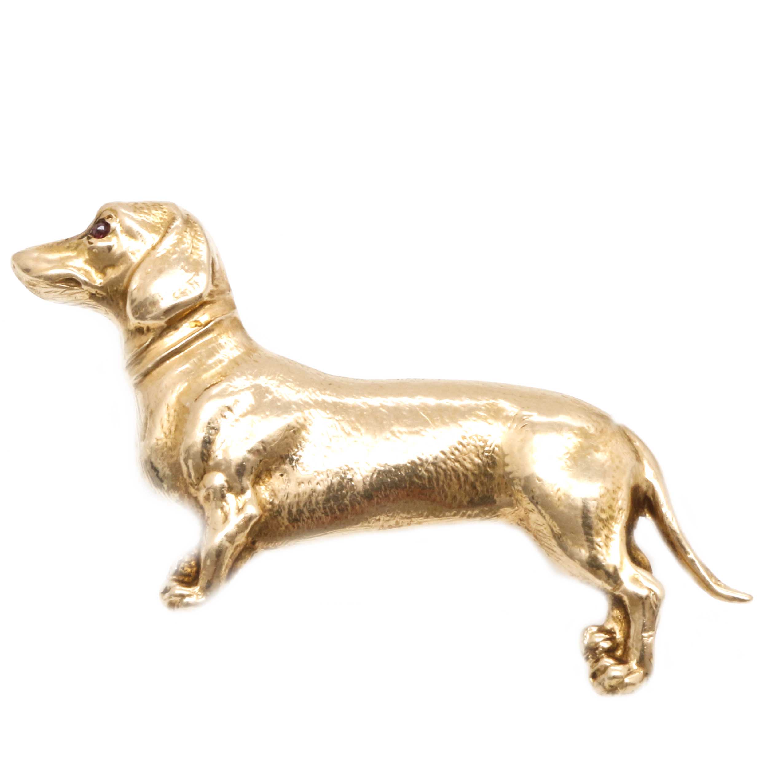 14K Yellow Gold and Ruby Dachshund Brooch