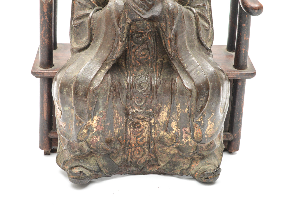Chinese Ming Dynasty Parcel-Gilt Bronze Figure on Teak Roundback Armchair