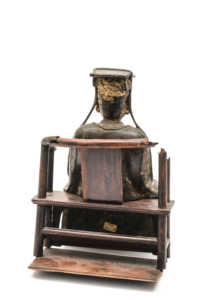 Chinese Ming Dynasty Parcel-Gilt Bronze Figure on Teak Roundback Armchair