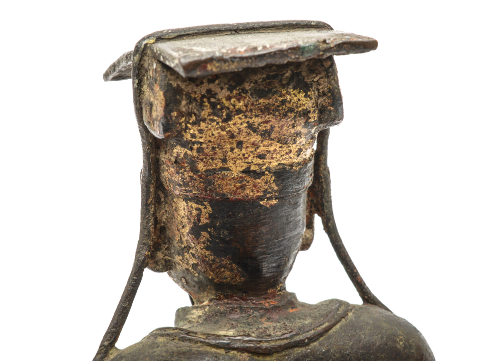 Chinese Ming Dynasty Parcel-Gilt Bronze Figure on Teak Roundback Armchair