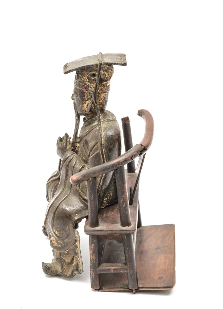 Chinese Ming Dynasty Parcel-Gilt Bronze Figure on Teak Roundback Armchair