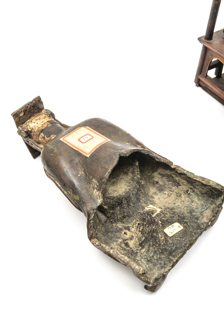 Chinese Ming Dynasty Parcel-Gilt Bronze Figure on Teak Roundback Armchair