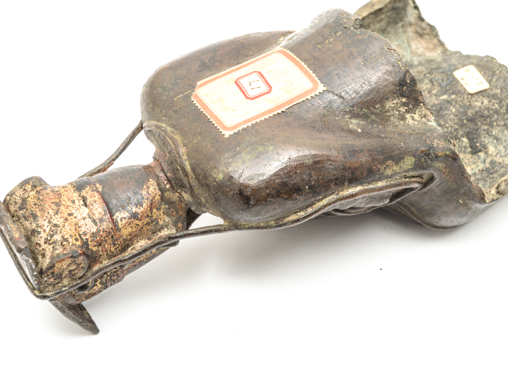 Chinese Ming Dynasty Parcel-Gilt Bronze Figure on Teak Roundback Armchair