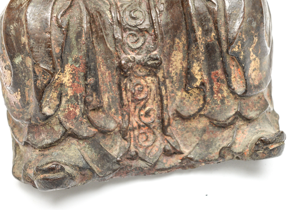 Chinese Ming Dynasty Parcel-Gilt Bronze Figure on Teak Roundback Armchair