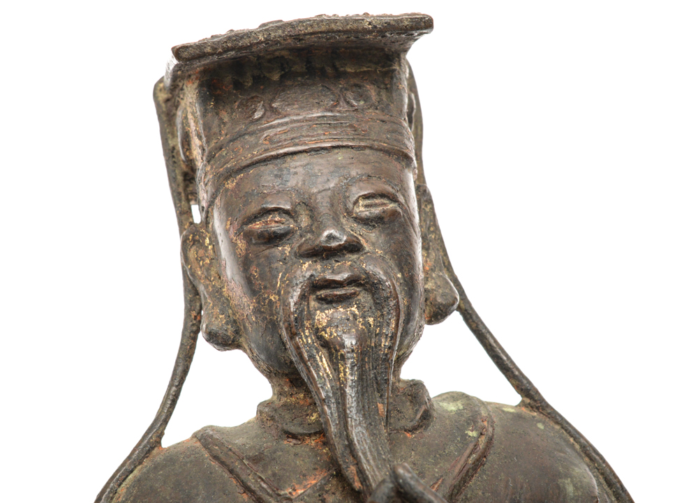 Chinese Ming Dynasty Parcel-Gilt Bronze Figure on Teak Roundback Armchair