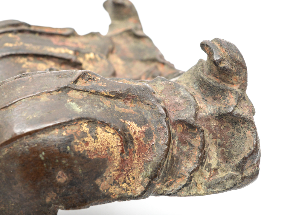 Chinese Ming Dynasty Parcel-Gilt Bronze Figure on Teak Roundback Armchair