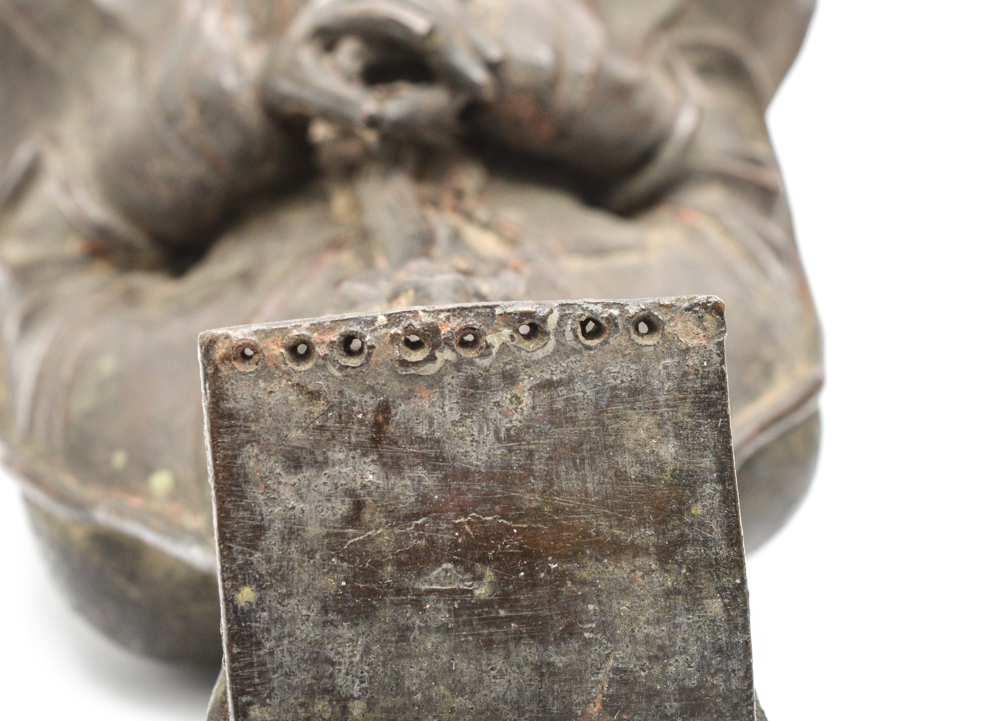 Chinese Ming Dynasty Parcel-Gilt Bronze Figure on Teak Roundback Armchair