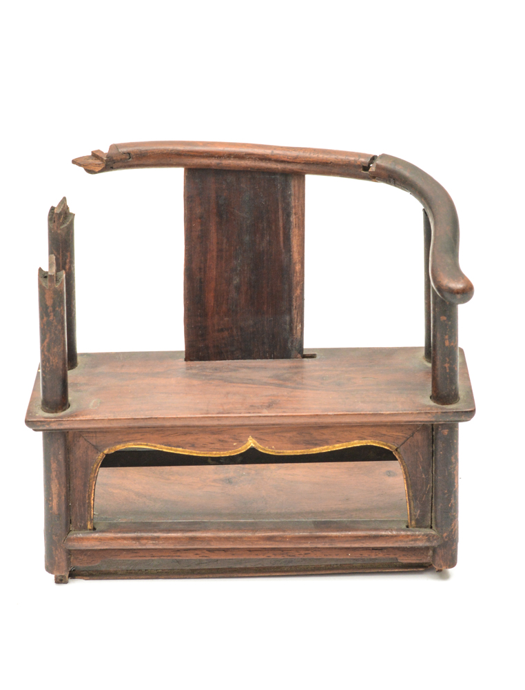 Chinese Ming Dynasty Parcel-Gilt Bronze Figure on Teak Roundback Armchair