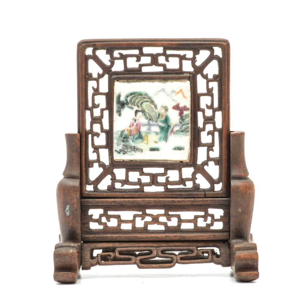 Antique Chinese Painted Porcelain Tile and Teak Table Screen