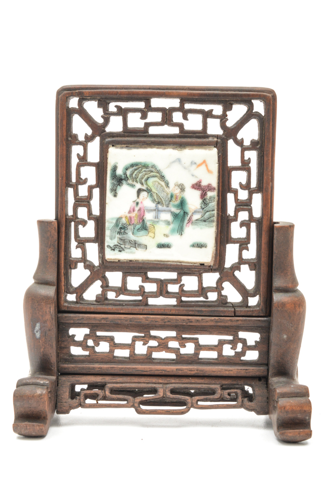 Antique Chinese Painted Porcelain Tile and Teak Table Screen