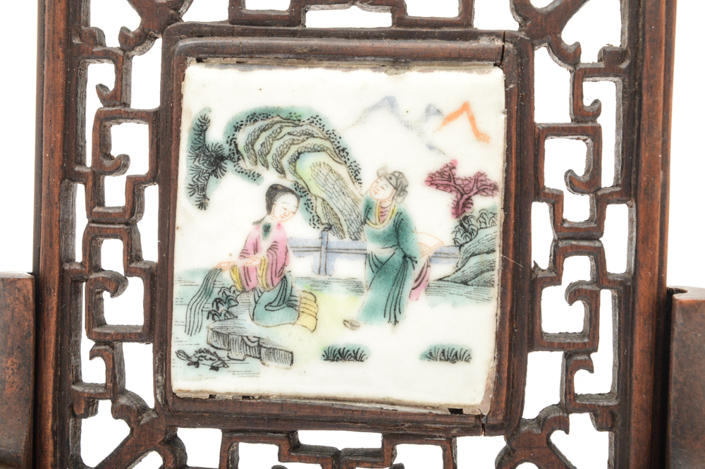 Antique Chinese Painted Porcelain Tile and Teak Table Screen