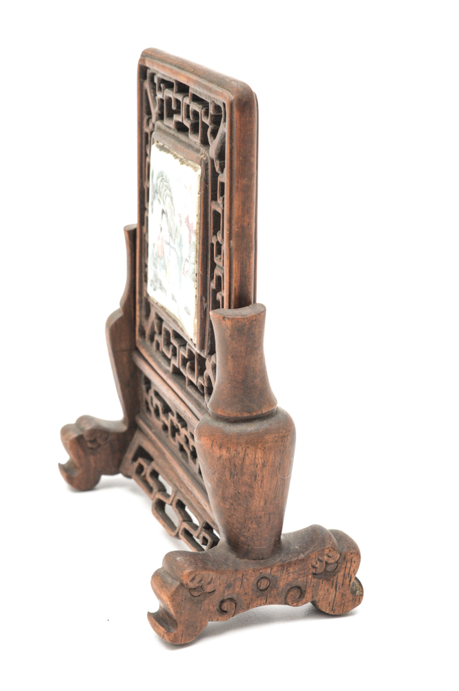 Antique Chinese Painted Porcelain Tile and Teak Table Screen