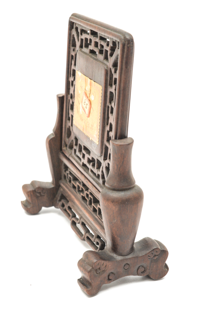 Antique Chinese Painted Porcelain Tile and Teak Table Screen