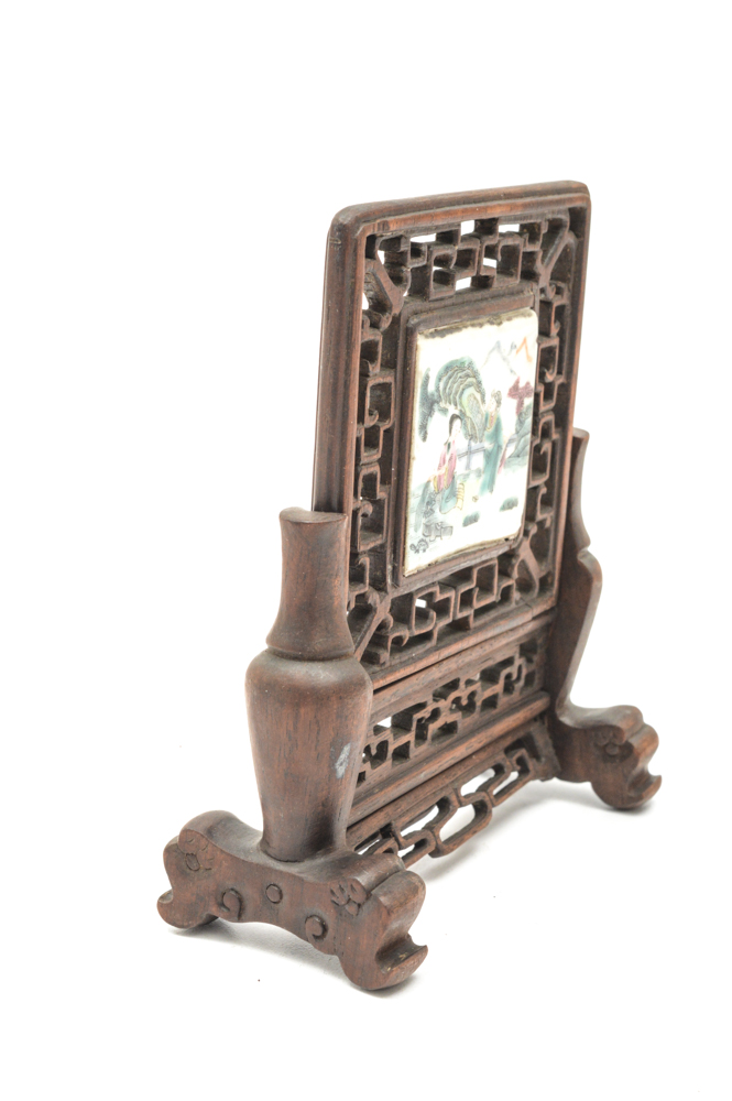 Antique Chinese Painted Porcelain Tile and Teak Table Screen