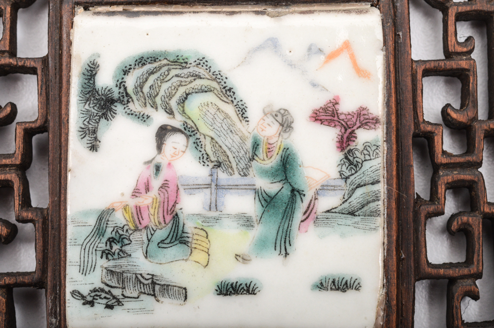 Antique Chinese Painted Porcelain Tile and Teak Table Screen