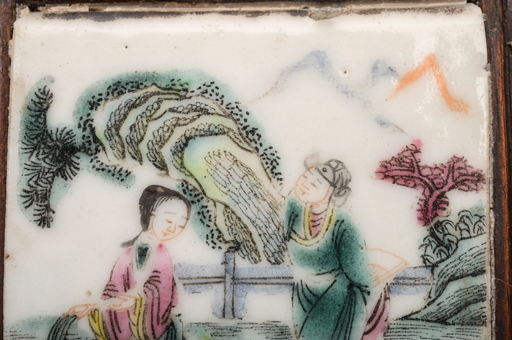 Antique Chinese Painted Porcelain Tile and Teak Table Screen