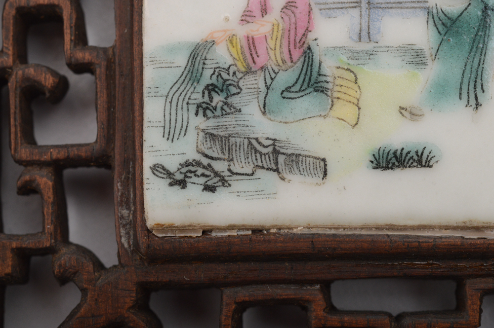 Antique Chinese Painted Porcelain Tile and Teak Table Screen