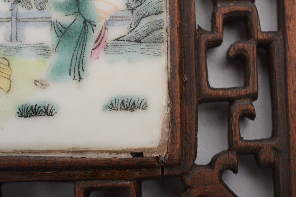 Antique Chinese Painted Porcelain Tile and Teak Table Screen