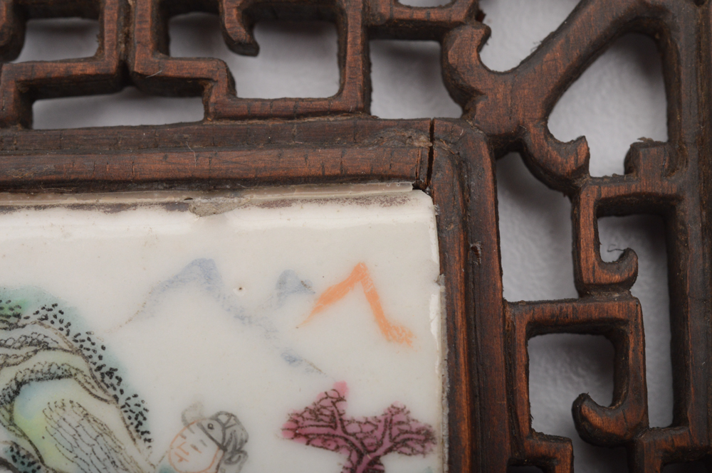 Antique Chinese Painted Porcelain Tile and Teak Table Screen