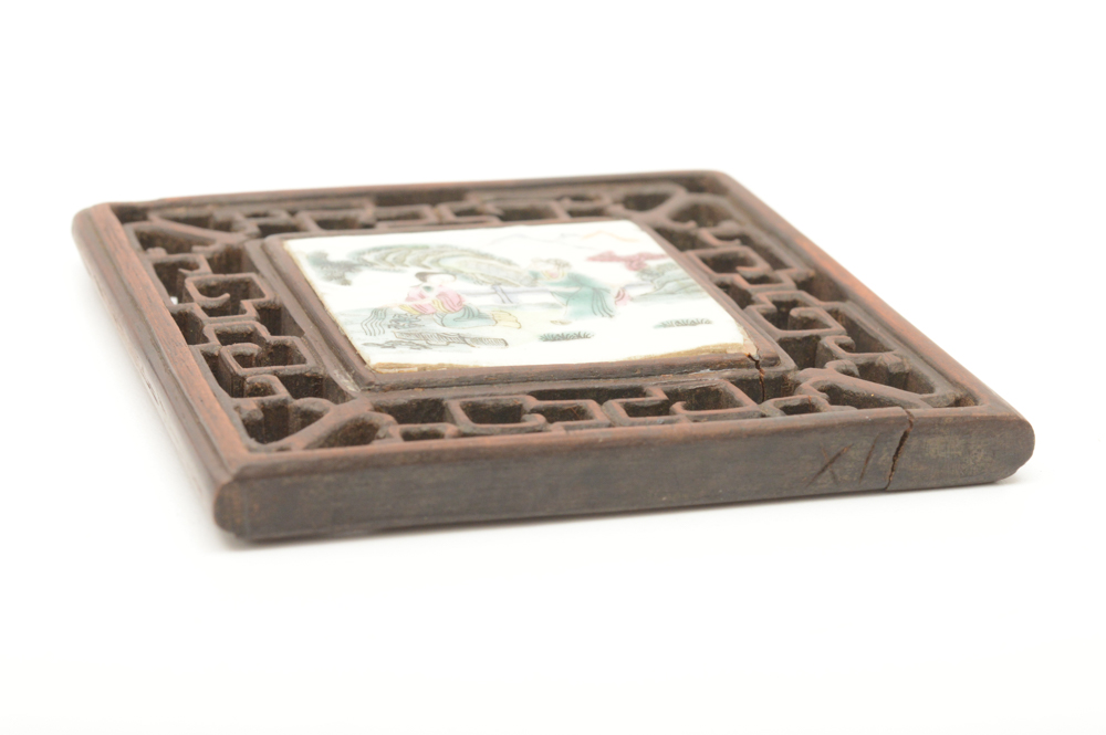 Antique Chinese Painted Porcelain Tile and Teak Table Screen