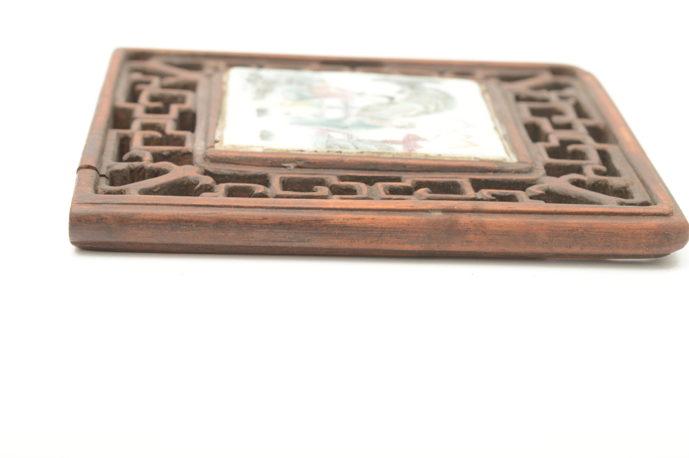 Antique Chinese Painted Porcelain Tile and Teak Table Screen