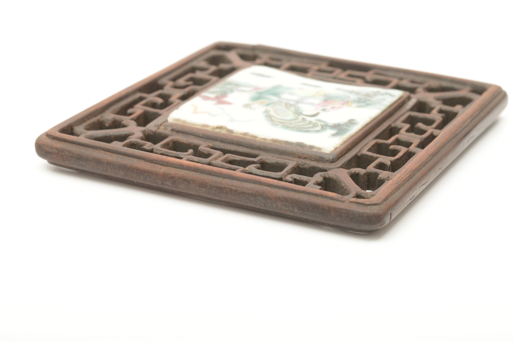 Antique Chinese Painted Porcelain Tile and Teak Table Screen