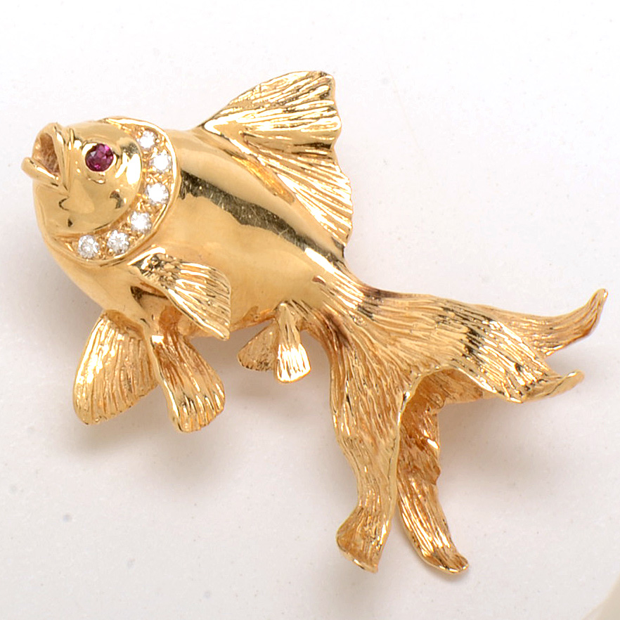 Dankner 14K Yellow Gold Diamond and Ruby Koi Fish Pin