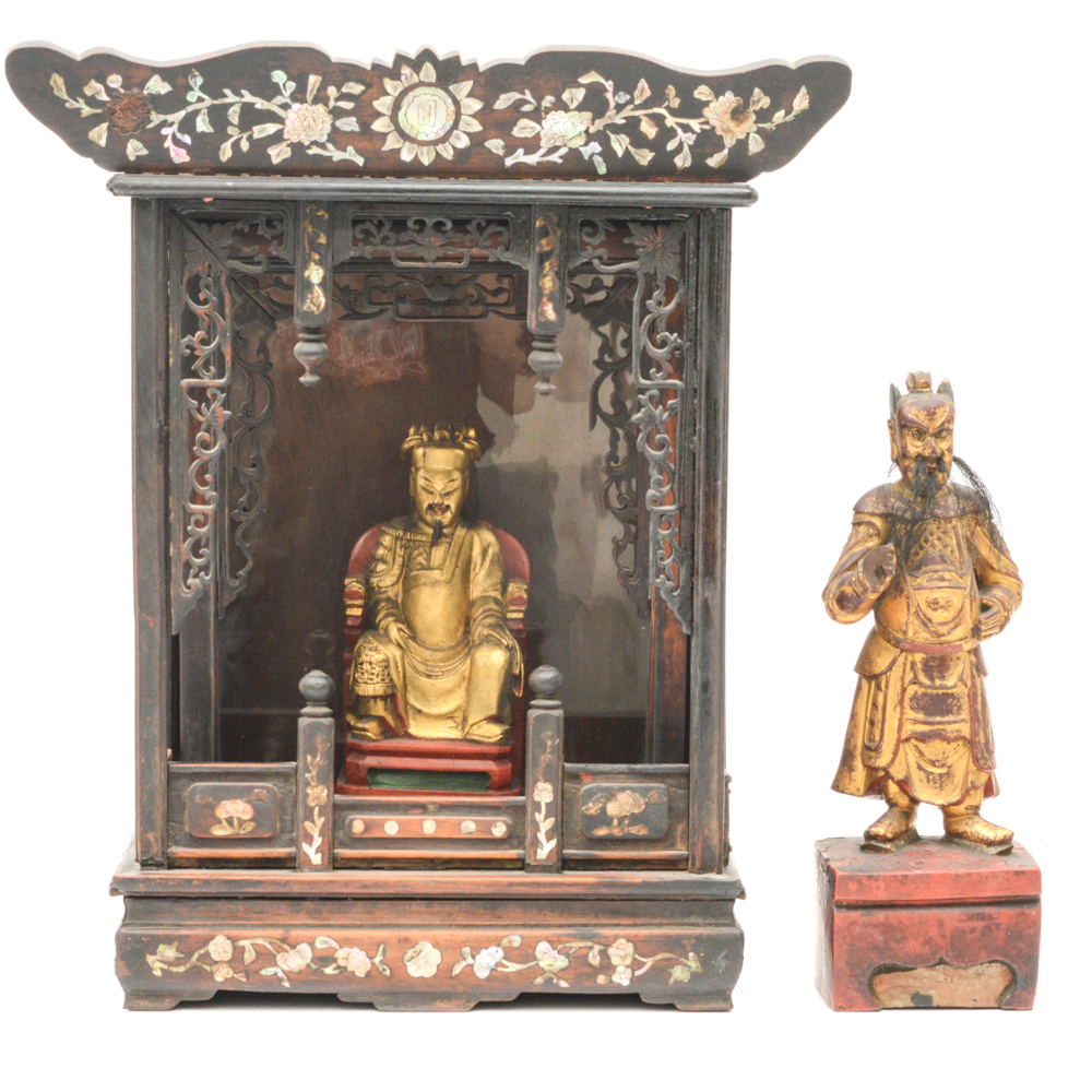 Antique Chinese Teak Shrine with Carved Figures