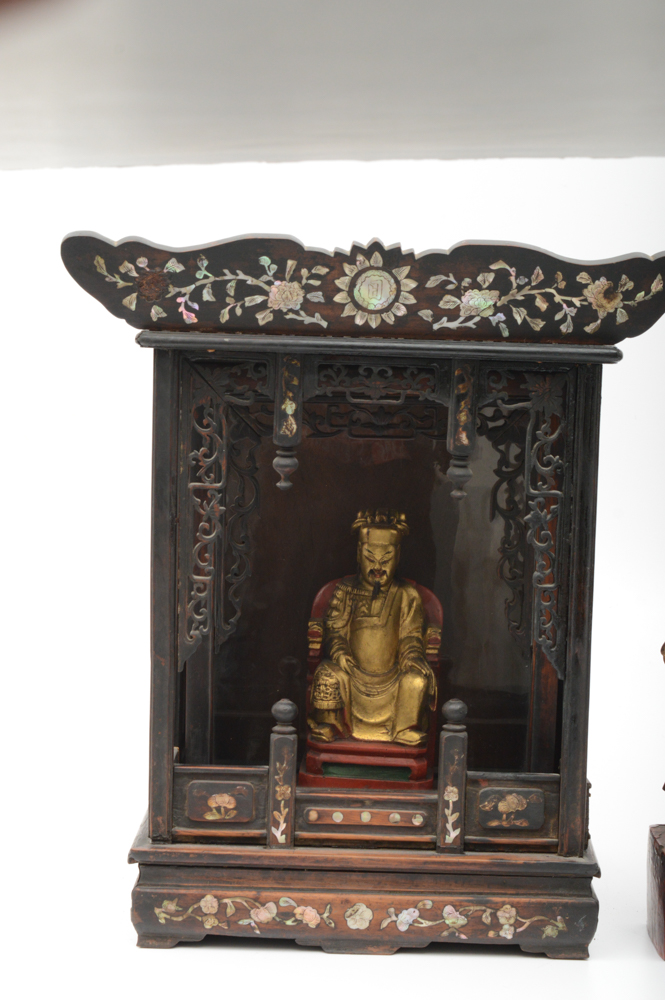 Antique Chinese Teak Shrine with Carved Figures