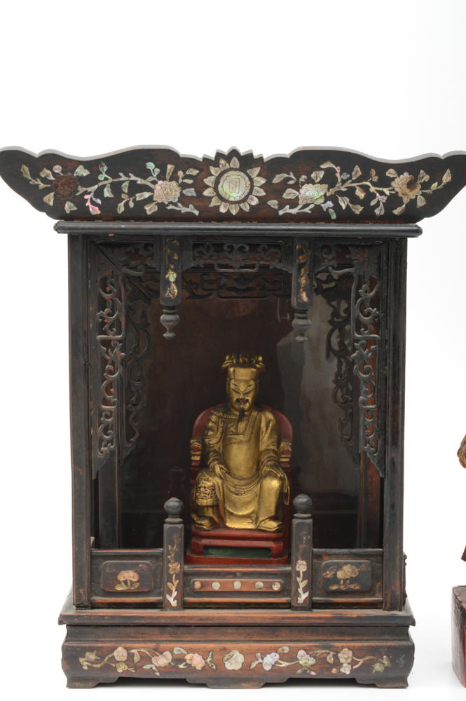 Antique Chinese Teak Shrine with Carved Figures