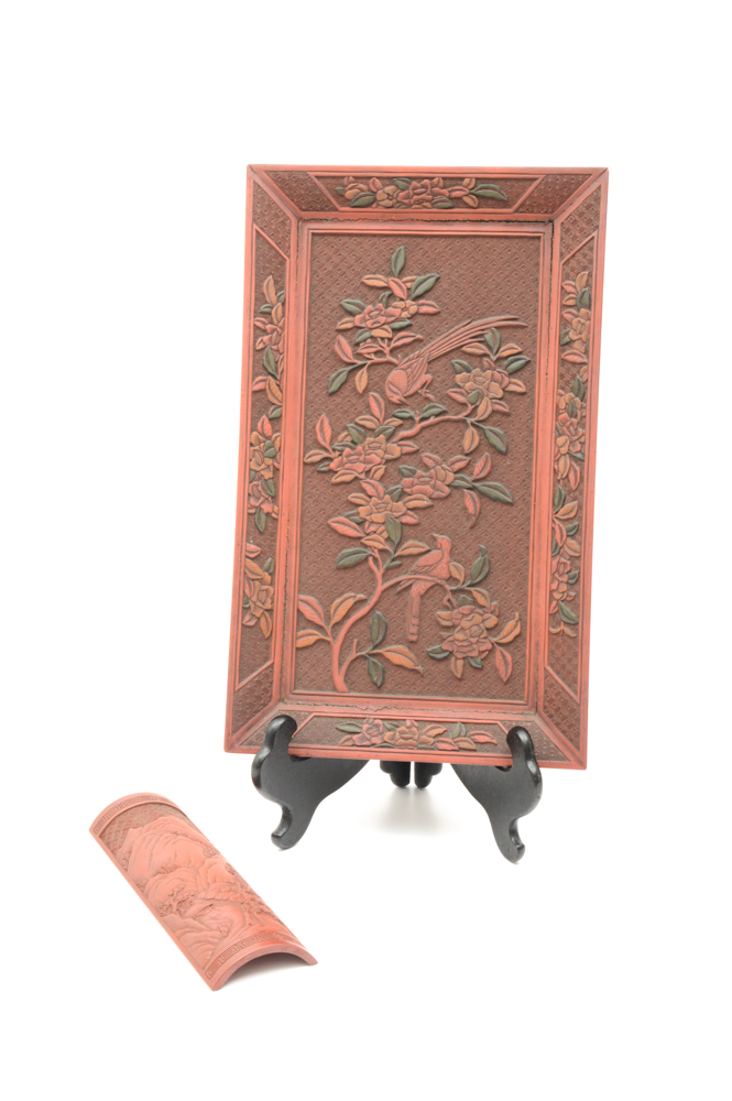 Fine Chinese Qianlong Period Lacquer Tray With Antique Wrist Rest