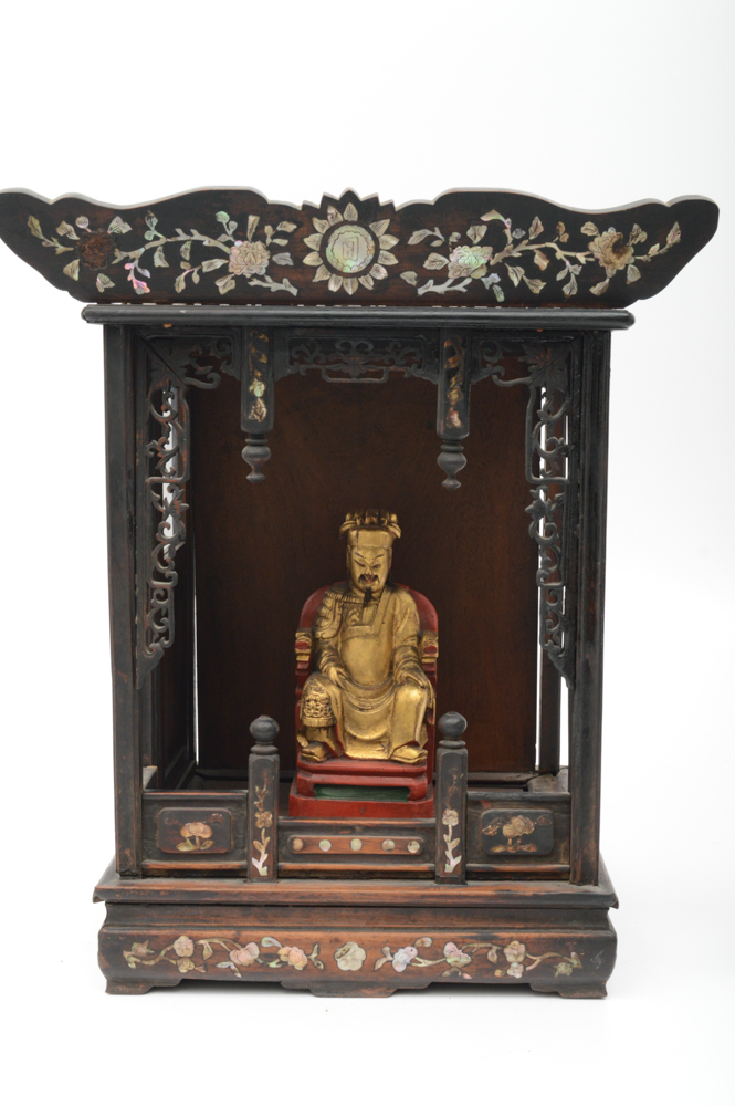 Antique Chinese Teak Shrine with Carved Figures