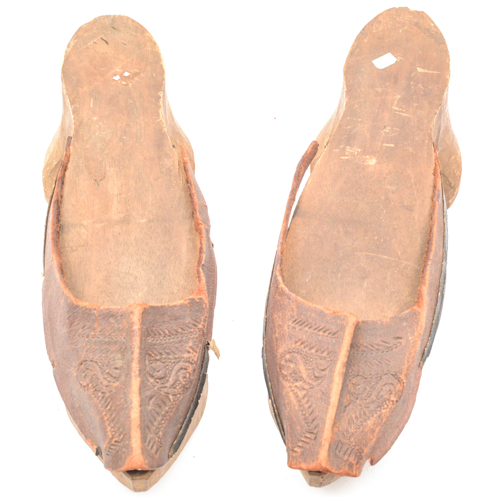 Antique Hand Carved Wood and Leather Shoes