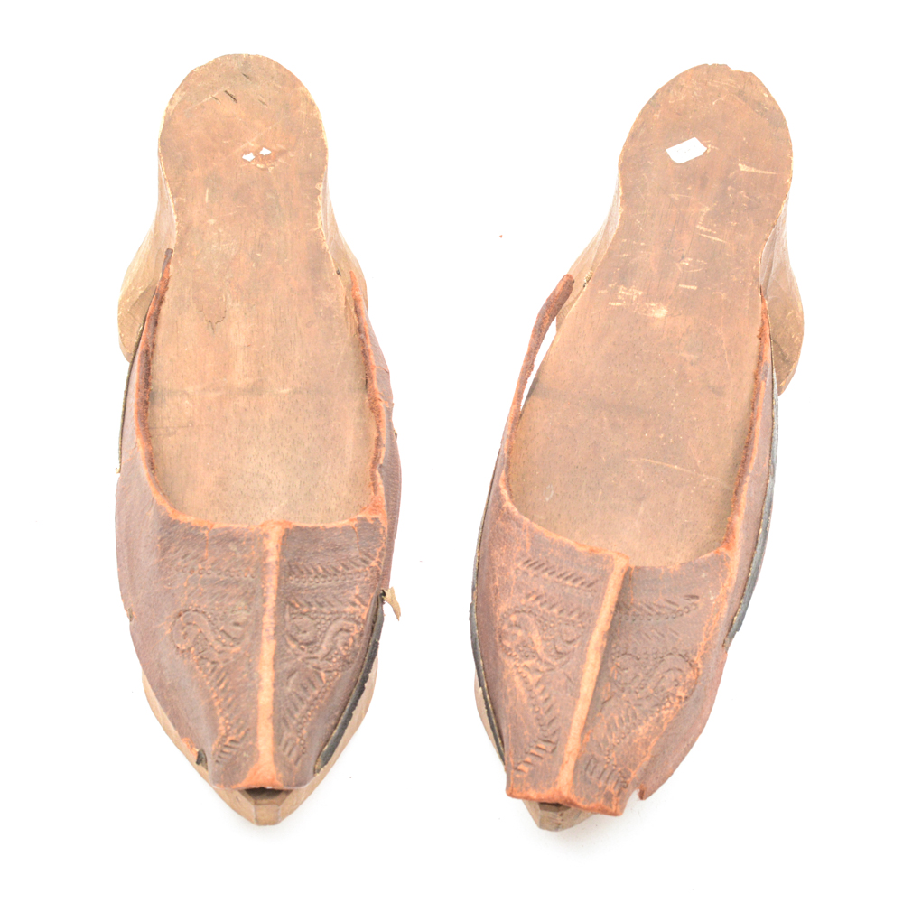 Antique Hand Carved Wood and Leather Shoes