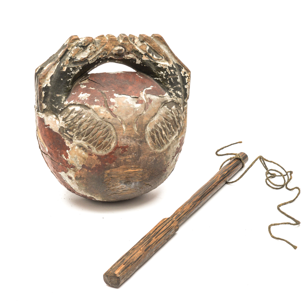 Antique East Asian Lacquered Wooden Fish Drum