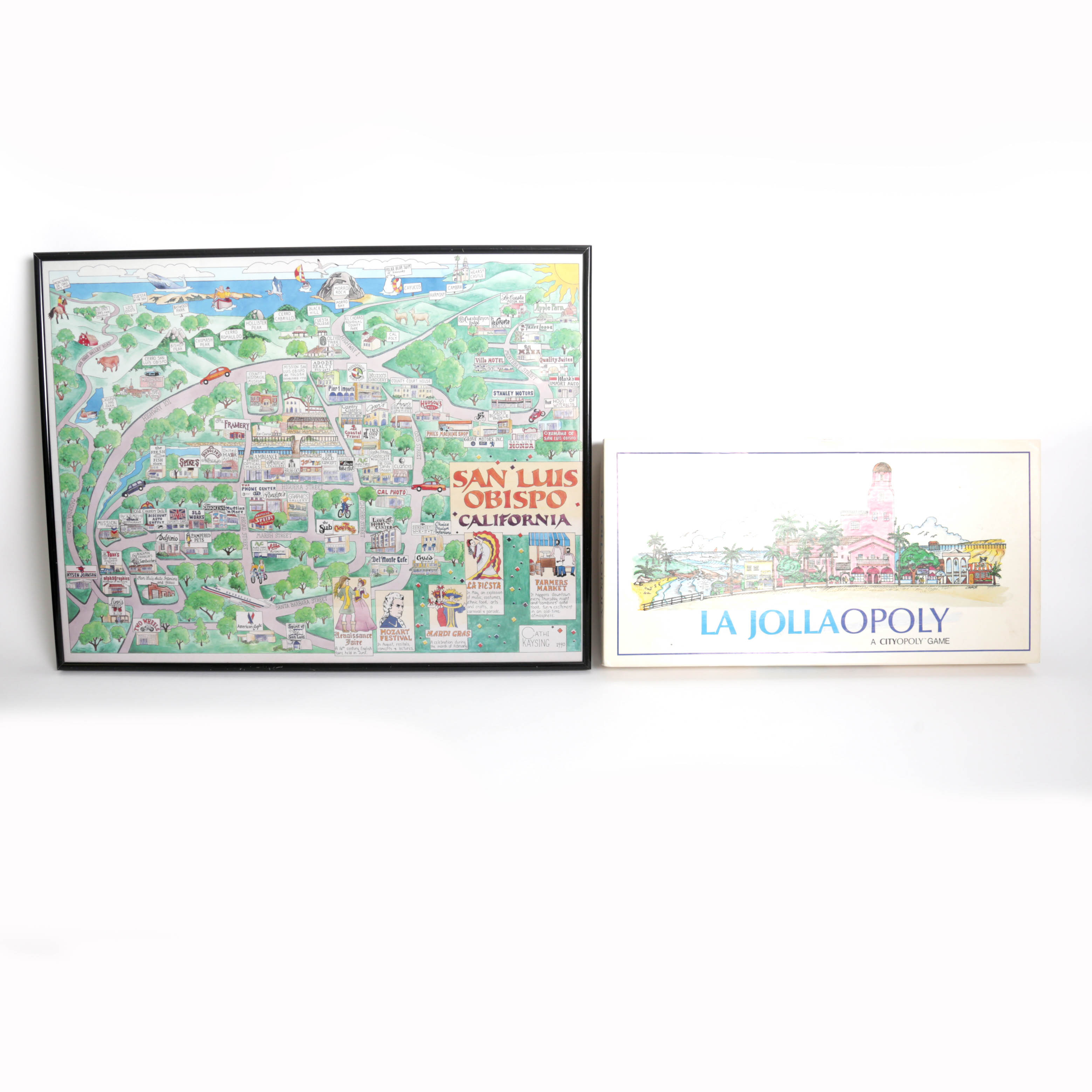 "La Jollaopoly" Board Game and Framed Map of San Luis Obispo