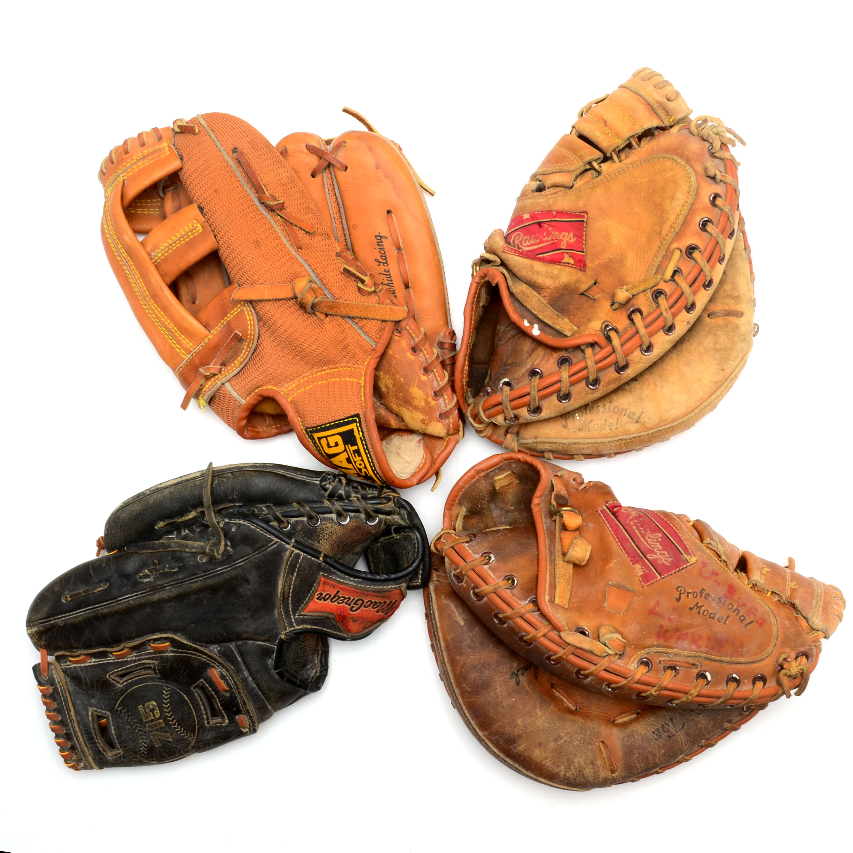 Four Vintage Leather Baseball Gloves Or Mitts
