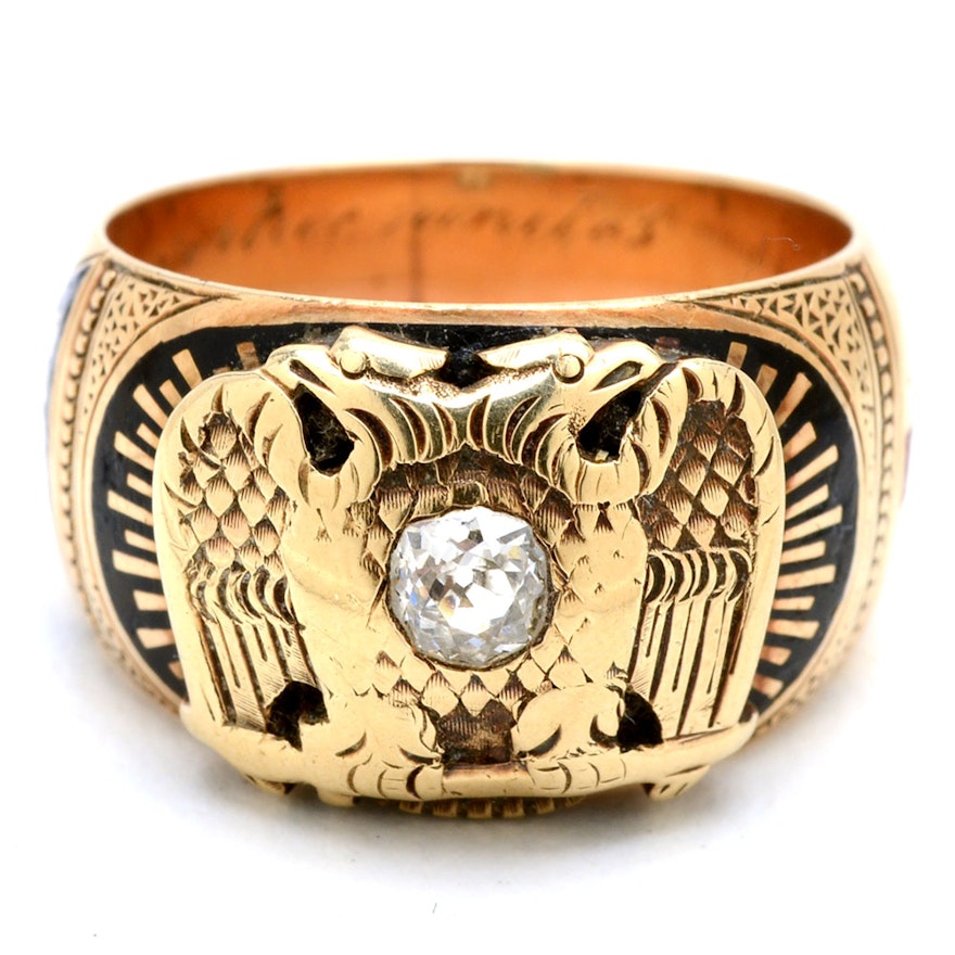 Men's Vintage Masonic 14K Yellow Gold Diamond and Enameled Ring