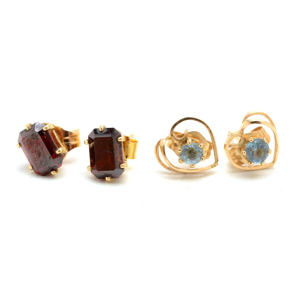 14K Yellow Gold Blue Topaz and 14K Yellow Gold Garnet Earrings