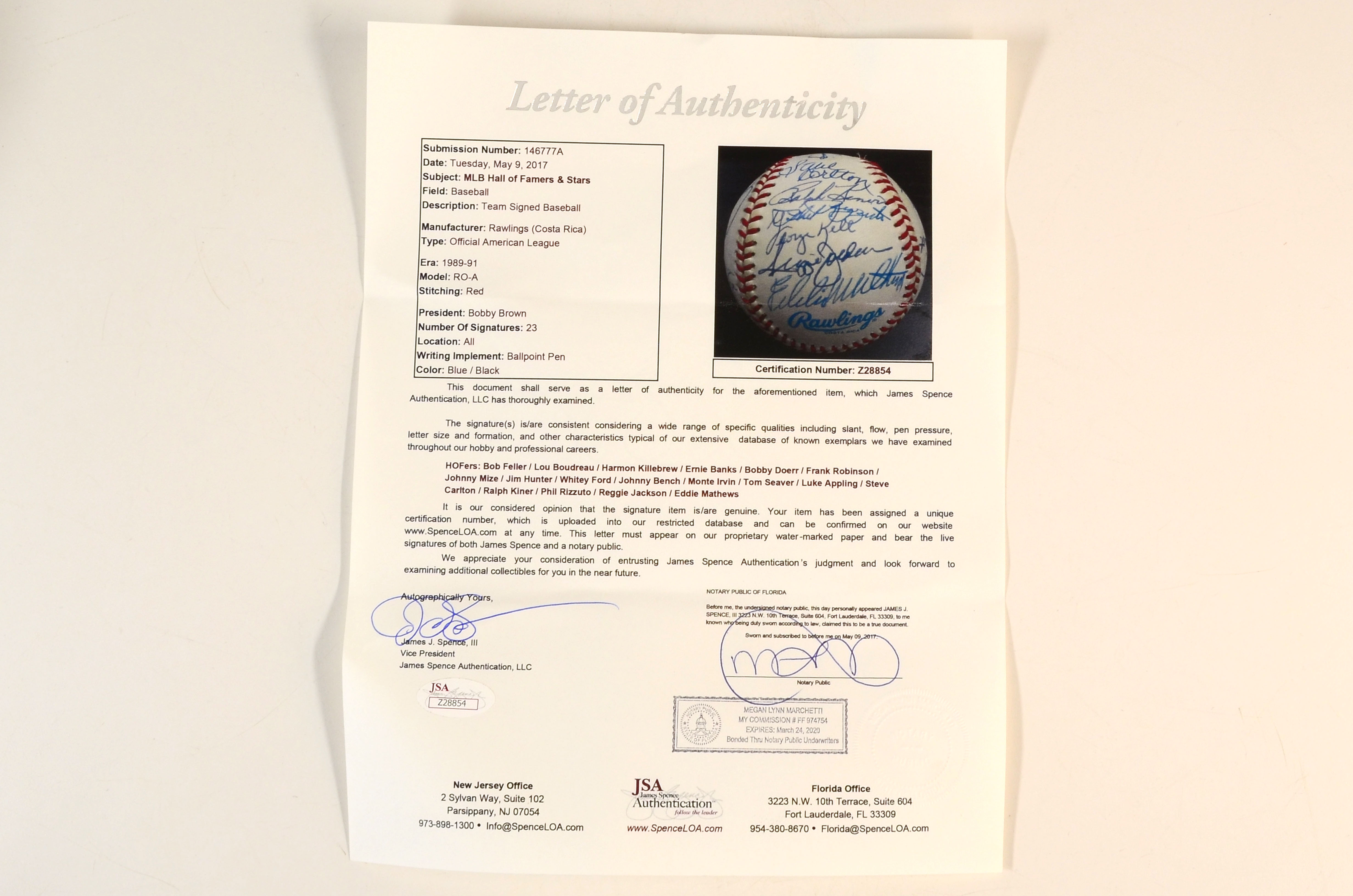 Hall of Famers Signed Baseball  COA